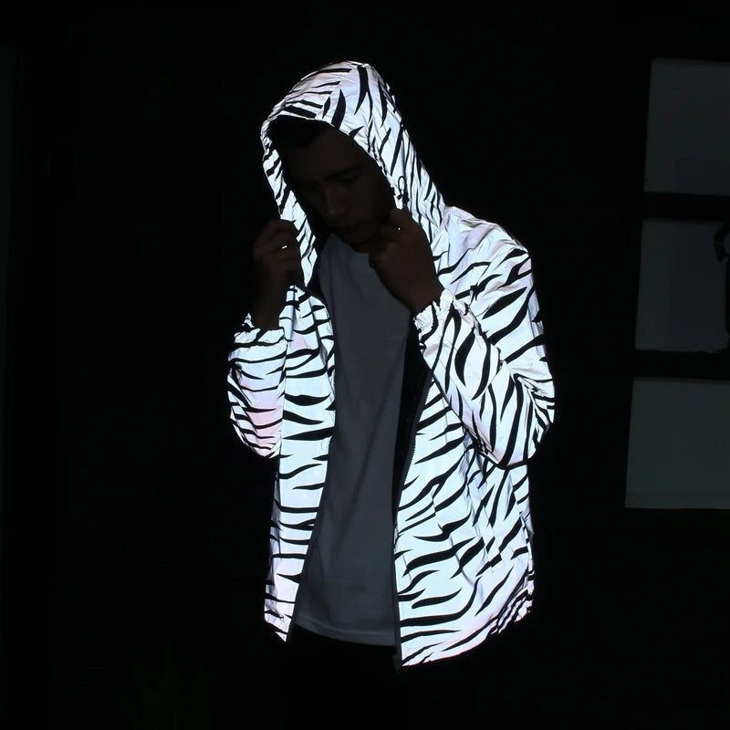 Leopard Zebra Reflective Night Shining Hooded Windbreaker Jacket