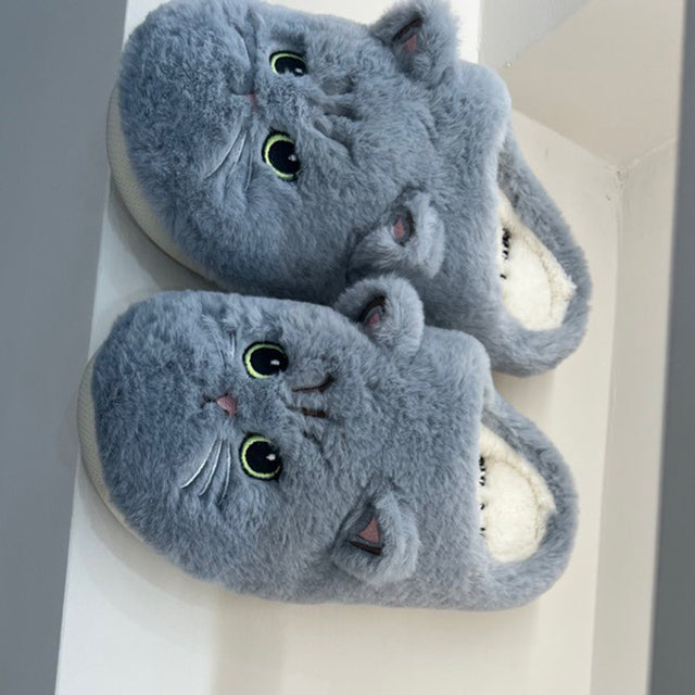 Unisex New Cotton Slippers Cute Cat Face Fluffy Fur Slippers